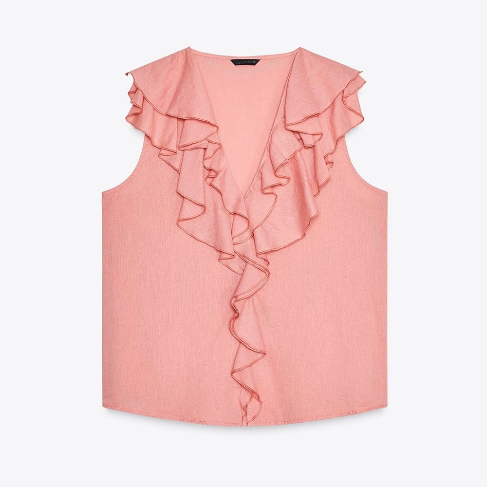 ZARA COTTON LINEN SLEEVELESS RUFFLE BLOUSE TOP S